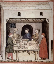 Nova 2644 f.87r Weinverkostung, aus Tacuinum Sanitatis Codex Vindobonensis